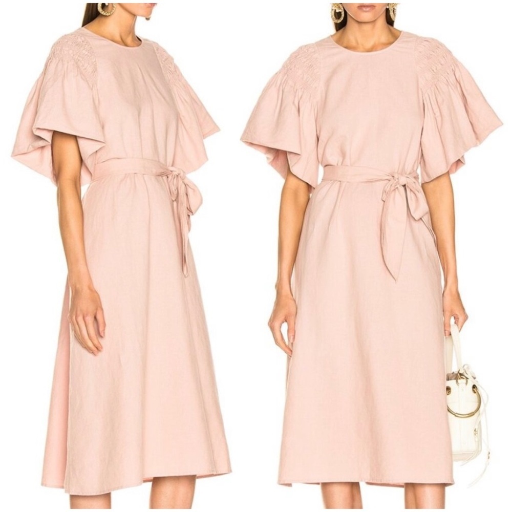 {THE GREAT.} The Smocked Sleeve Sash-Waist Midi Dress, Blush, Size 0, NWT - Picture 11 of 11
